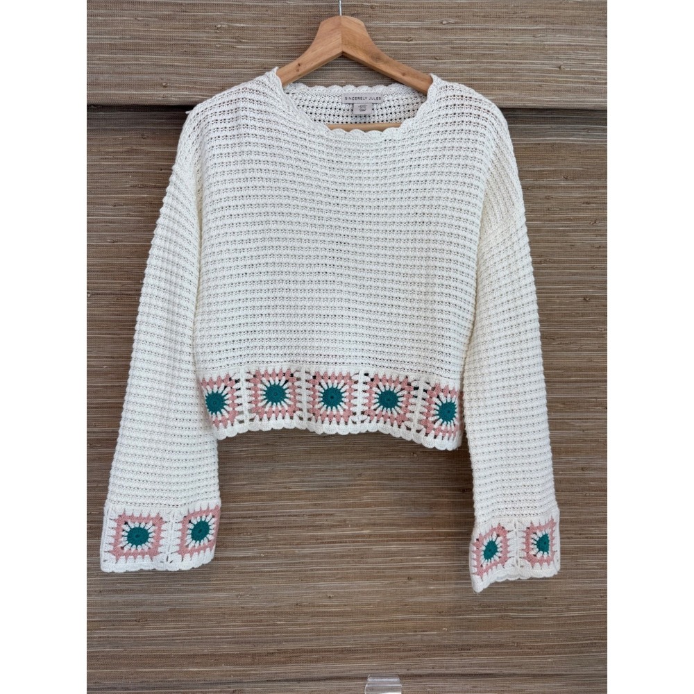 Sincerely Jules Crochet Granny Square Sweater Cream Pink Teal Boho Cropped L